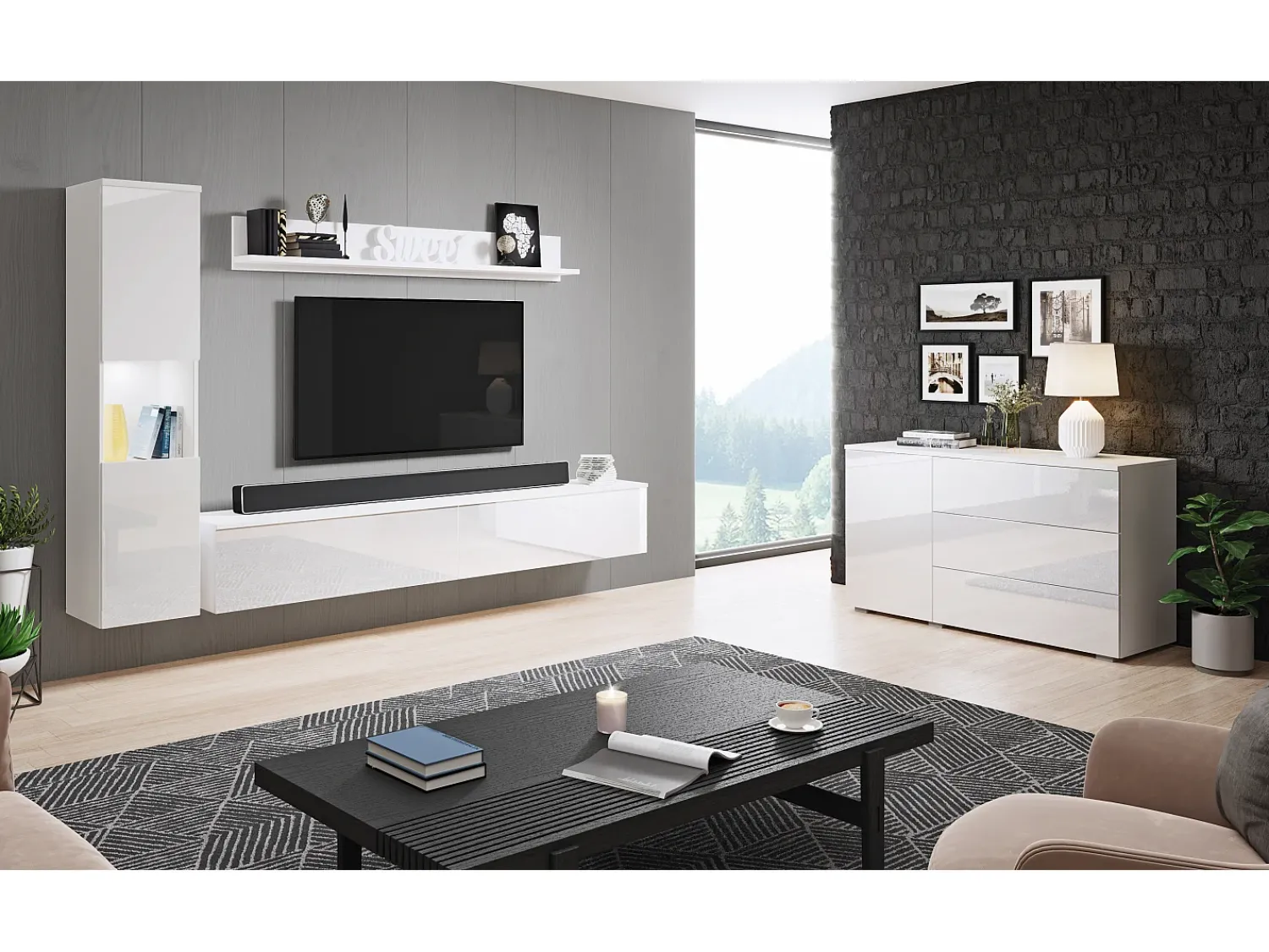 New Conjunto de sala moderno 3 peças com LED, frentes brilhantes, coluna e móvel TV 180 cm corpo mate, frentes brilho Branco