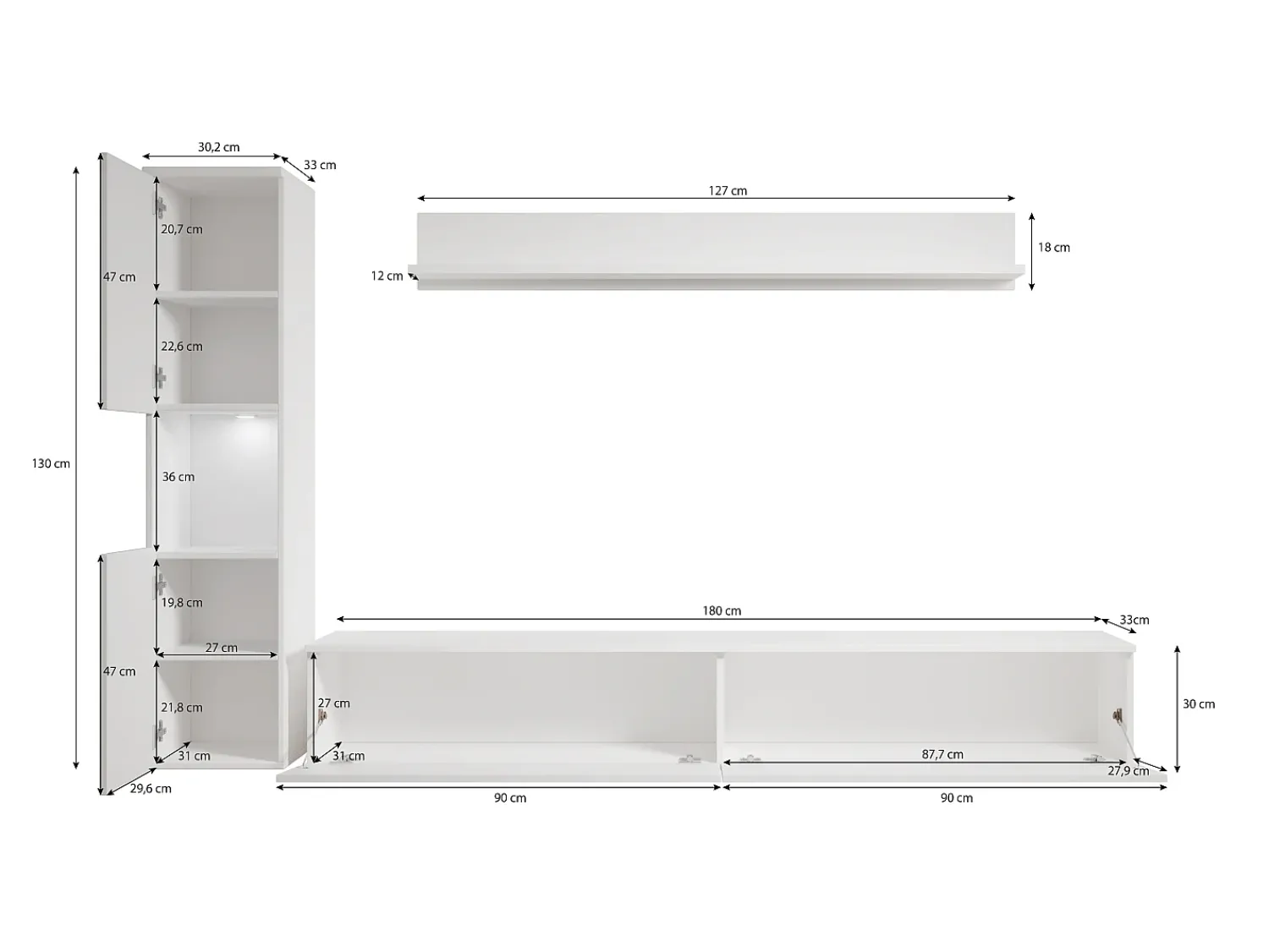 New Conjunto de sala moderno 3 peças com LED, frentes brilhantes, coluna e móvel TV 180 cm corpo mate, frentes brilho Branco