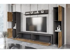 Conjunto de sala moderno 4 peças com LED, 2 colunas, móvel TV 180 cm e prateleira, corpo antracite mate, frentes castanheiro^ Móvel De Tv