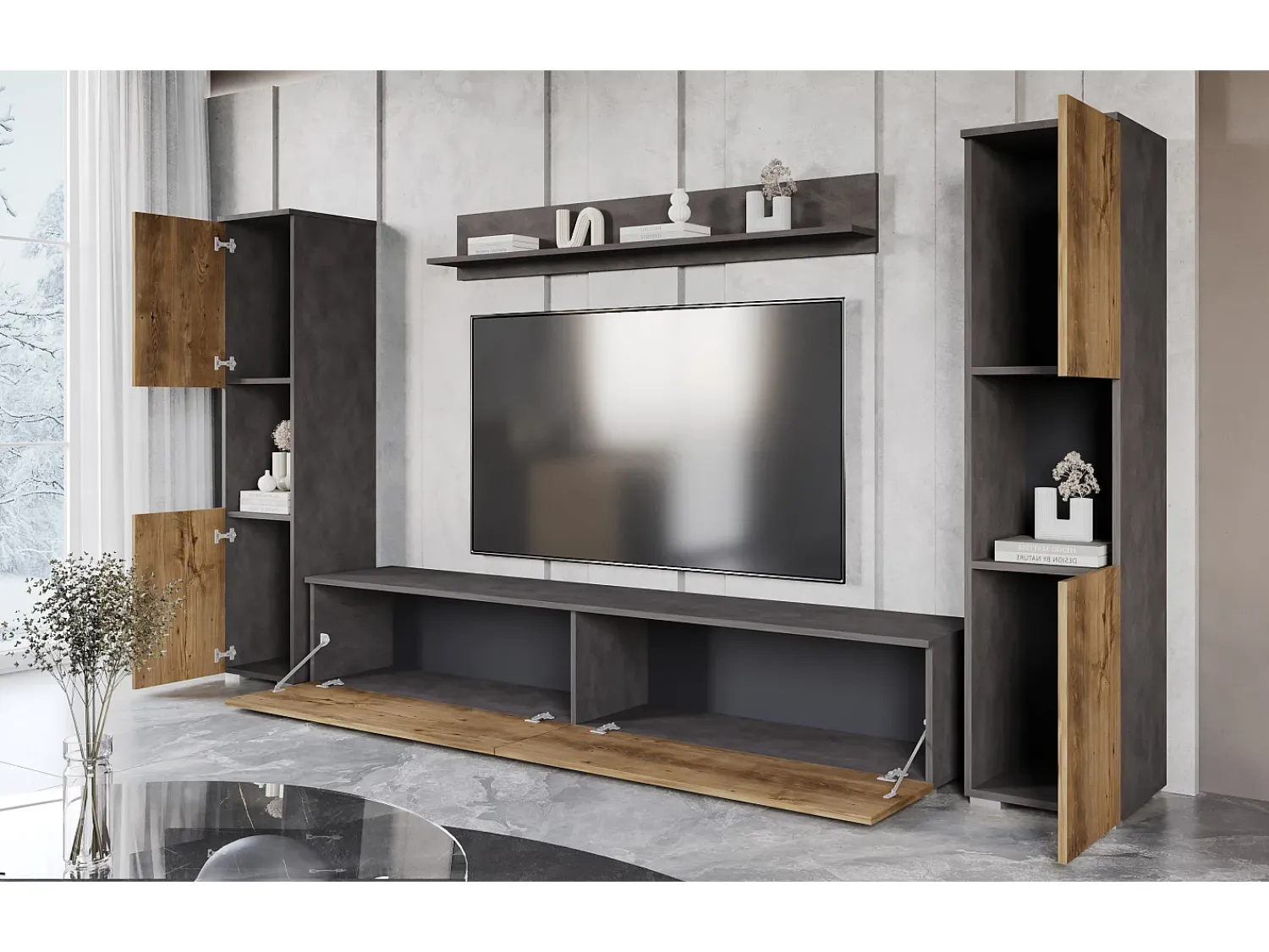 Conjunto de sala moderno 4 peças com LED, 2 colunas, móvel TV 180 cm e prateleira, corpo antracite mate, frentes castanheiro^ Móvel De Tv