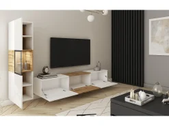 Conjunto de sala moderno – conjunto suspenso e de chão 2 peças com móvel de TV 180 cm e vitrina, corpo carvalho Wotan, frentes brilho Branco