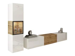 Conjunto de sala moderno – conjunto suspenso e de chão 2 peças com móvel de TV 180 cm e vitrina, corpo carvalho Wotan, frentes brilho Branco