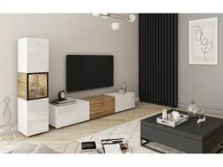 Conjunto de sala moderno – conjunto suspenso e de chão 2 peças com móvel de TV 180 cm e vitrina, corpo carvalho Wotan, frentes brilho Branco