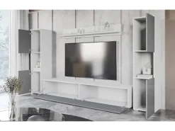 Sale Conjunto de sala moderno 4 peças – corpo mate, frentes cinza brilho, 2 colunas e móvel de TV 180 cm Branco