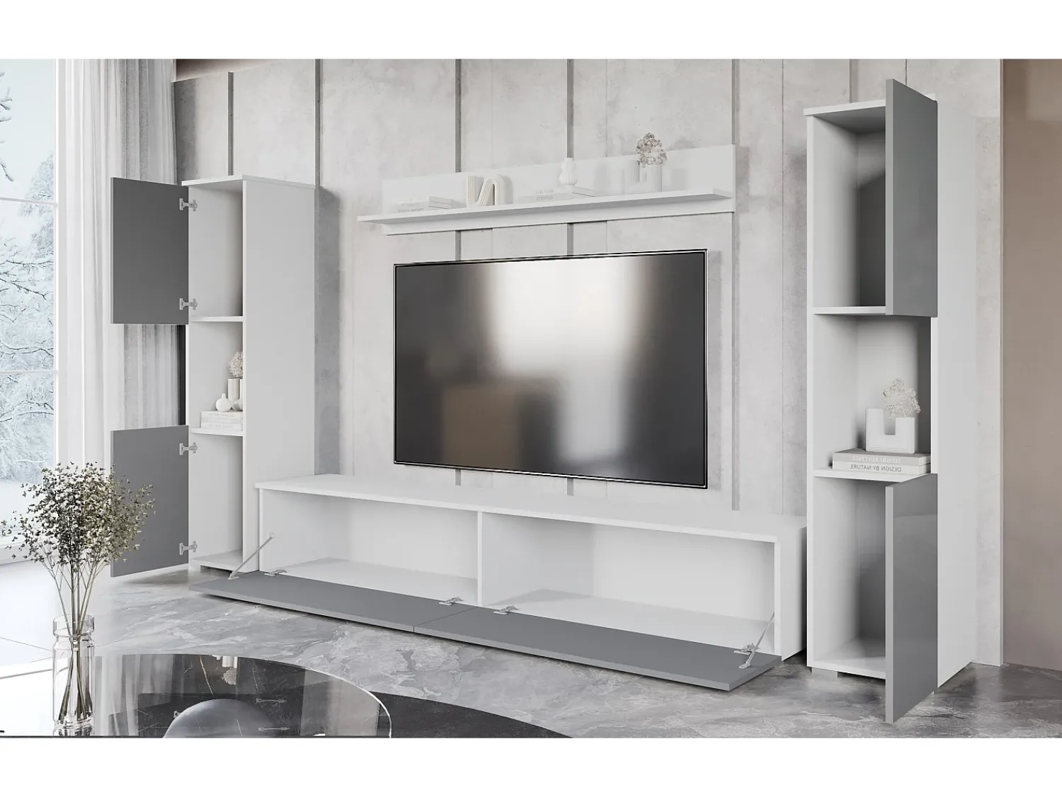Sale Conjunto de sala moderno 4 peças – corpo mate, frentes cinza brilho, 2 colunas e móvel de TV 180 cm Branco