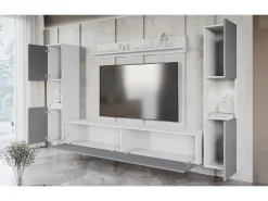 Sale Conjunto de sala moderno 4 peças – corpo mate, frentes cinza brilho, 2 colunas e móvel de TV 180 cm Branco