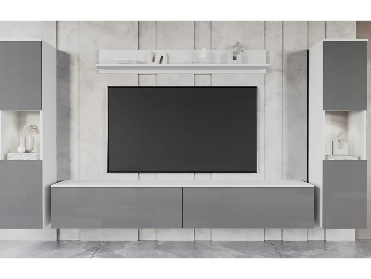 Sale Conjunto de sala moderno 4 peças – corpo mate, frentes cinza brilho, 2 colunas e móvel de TV 180 cm Branco