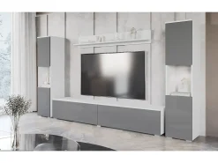 Sale Conjunto de sala moderno 4 peças – corpo mate, frentes cinza brilho, 2 colunas e móvel de TV 180 cm Branco