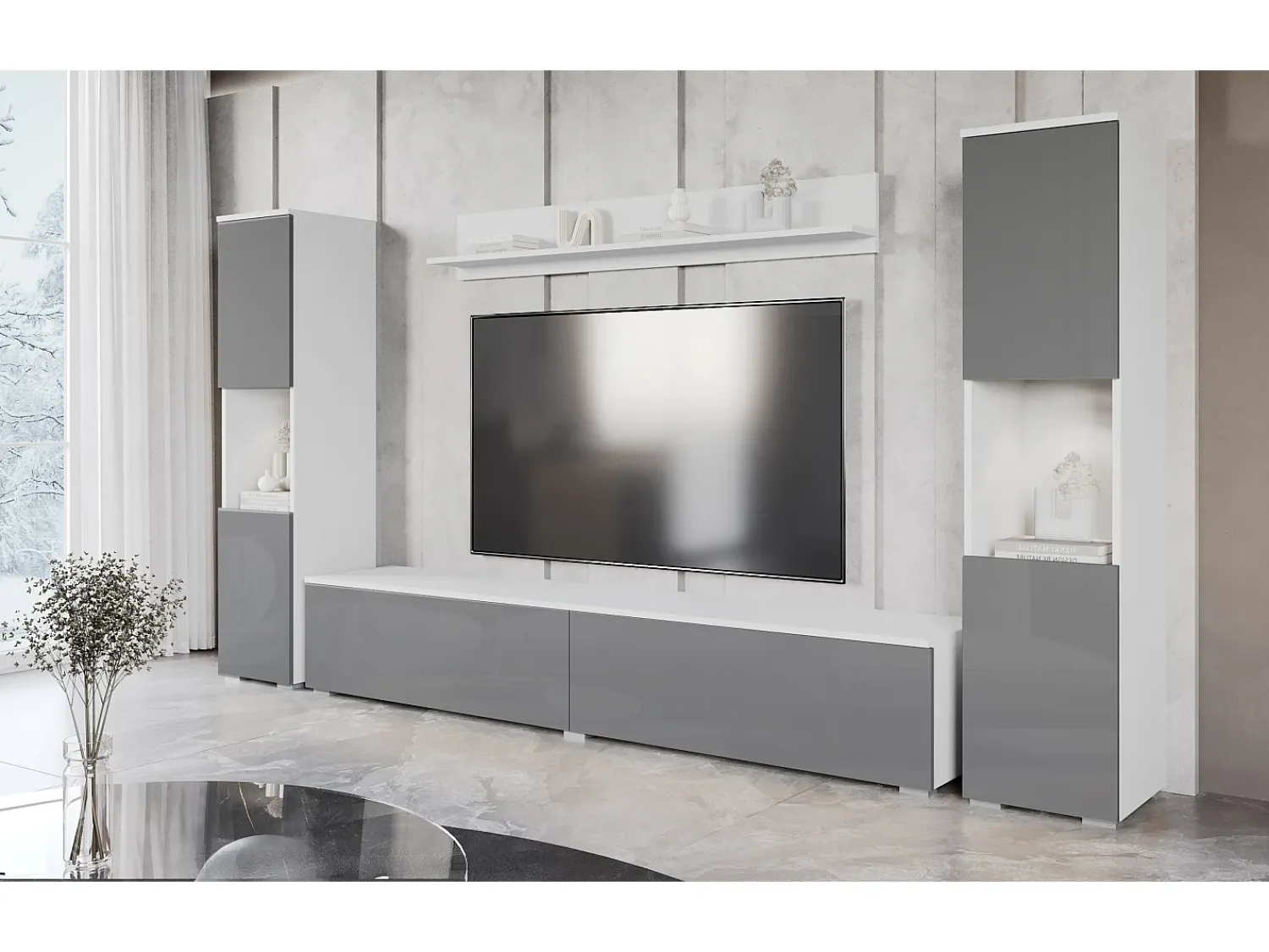 Sale Conjunto de sala moderno 4 peças – corpo mate, frentes cinza brilho, 2 colunas e móvel de TV 180 cm Branco