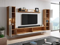 Móvel De Tv* Conjunto de sala moderno 4 peças com LED, 2 colunas, móvel TV 180 cm e prateleira, corpo carvalho wotan, frentes branco brilho Natural escuro