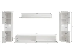 Móvel De Tv* Conjunto de sala moderno 4 peças com LED, 2 colunas, móvel TV 180 cm e prateleira, corpo carvalho wotan, frentes branco brilho Natural escuro