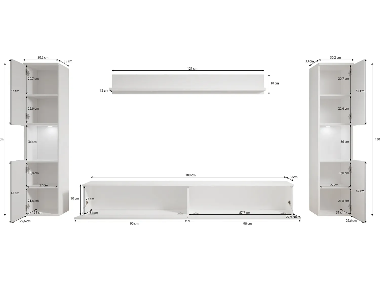 Móvel De Tv* Conjunto de sala moderno 4 peças com LED, 2 colunas, móvel TV 180 cm e prateleira, corpo carvalho wotan, frentes branco brilho Natural escuro