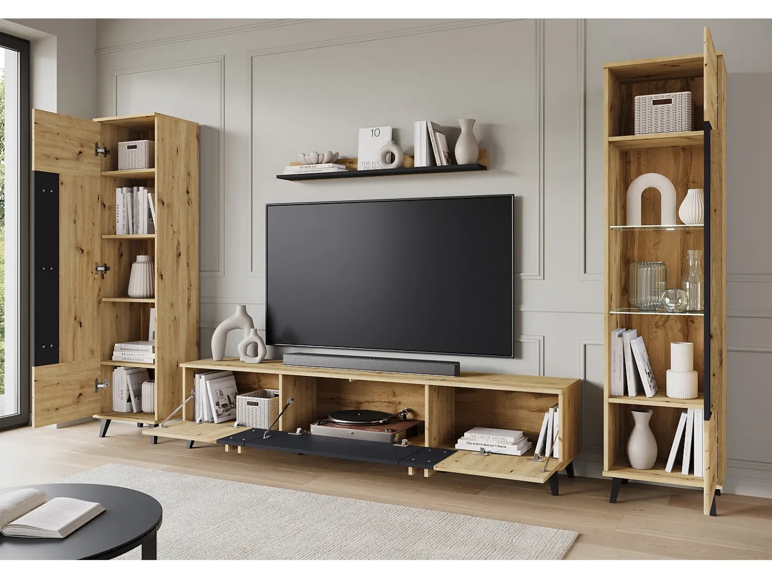 Conjunto de sala sobre pés – móvel de TV 180 cm, vitrine, estante e prateleira, carvalho artisan, preto mate^ Móvel De Tv