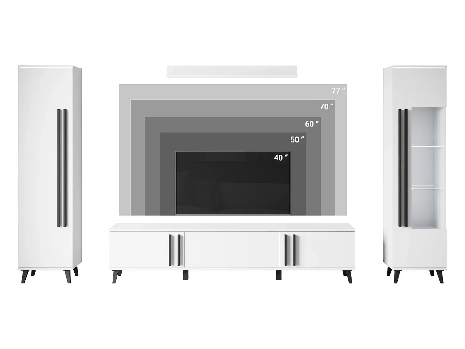 Conjunto de sala sobre pés – móvel de TV 180 cm, vitrine, estante e prateleira, carvalho artisan, preto mate^ Móvel De Tv
