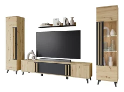Conjunto de sala sobre pés – móvel de TV 180 cm, vitrine, estante e prateleira, carvalho artisan, preto mate^ Móvel De Tv