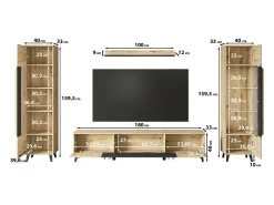 Conjunto de sala sobre pés – móvel de TV 180 cm, vitrine, estante e prateleira, carvalho artisan, preto mate^ Móvel De Tv