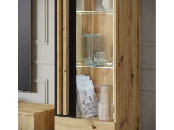 Conjunto de sala sobre pés – móvel de TV 180 cm, vitrine, estante e prateleira, carvalho artisan, preto mate^ Móvel De Tv