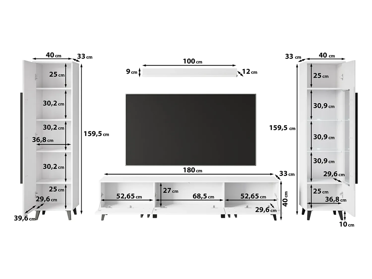 Conjunto de sala sobre pés com LED– conjunto TV 180 cm, vitrine, estante, prateleira mate^ Móvel De Tv