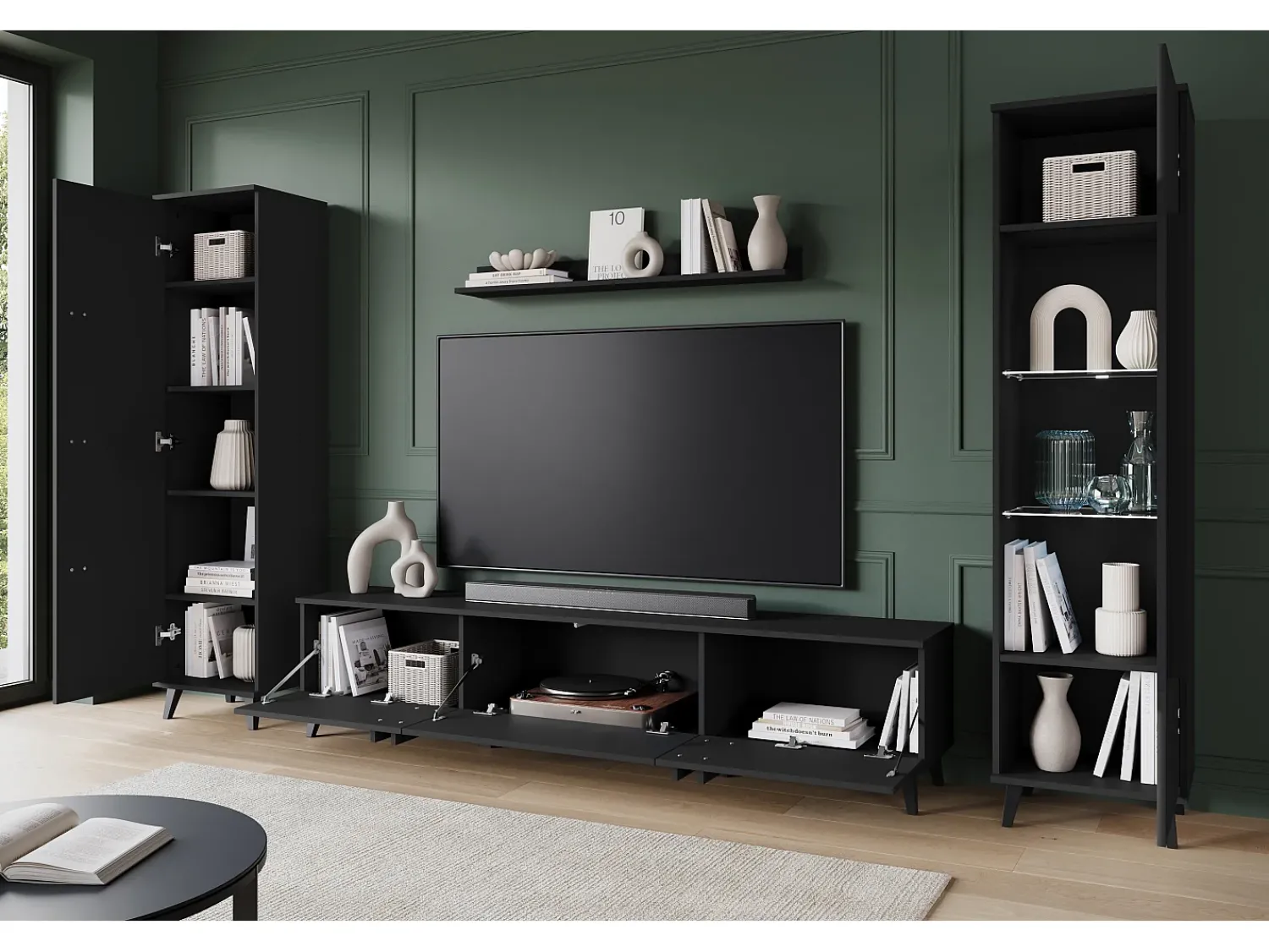 Conjunto de sala sobre pés com LED– conjunto TV 180 cm, vitrine, estante, prateleira mate^ Móvel De Tv