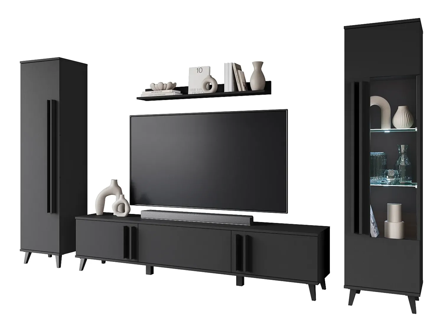 Conjunto de sala sobre pés com LED– conjunto TV 180 cm, vitrine, estante, prateleira mate^ Móvel De Tv
