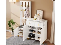 Outlet Merax Conjunto de sapateira com sapateira, cabideiro - 60,5x35,2x180,5 cm + 83x35x101 cm - Aglomerado - Branco