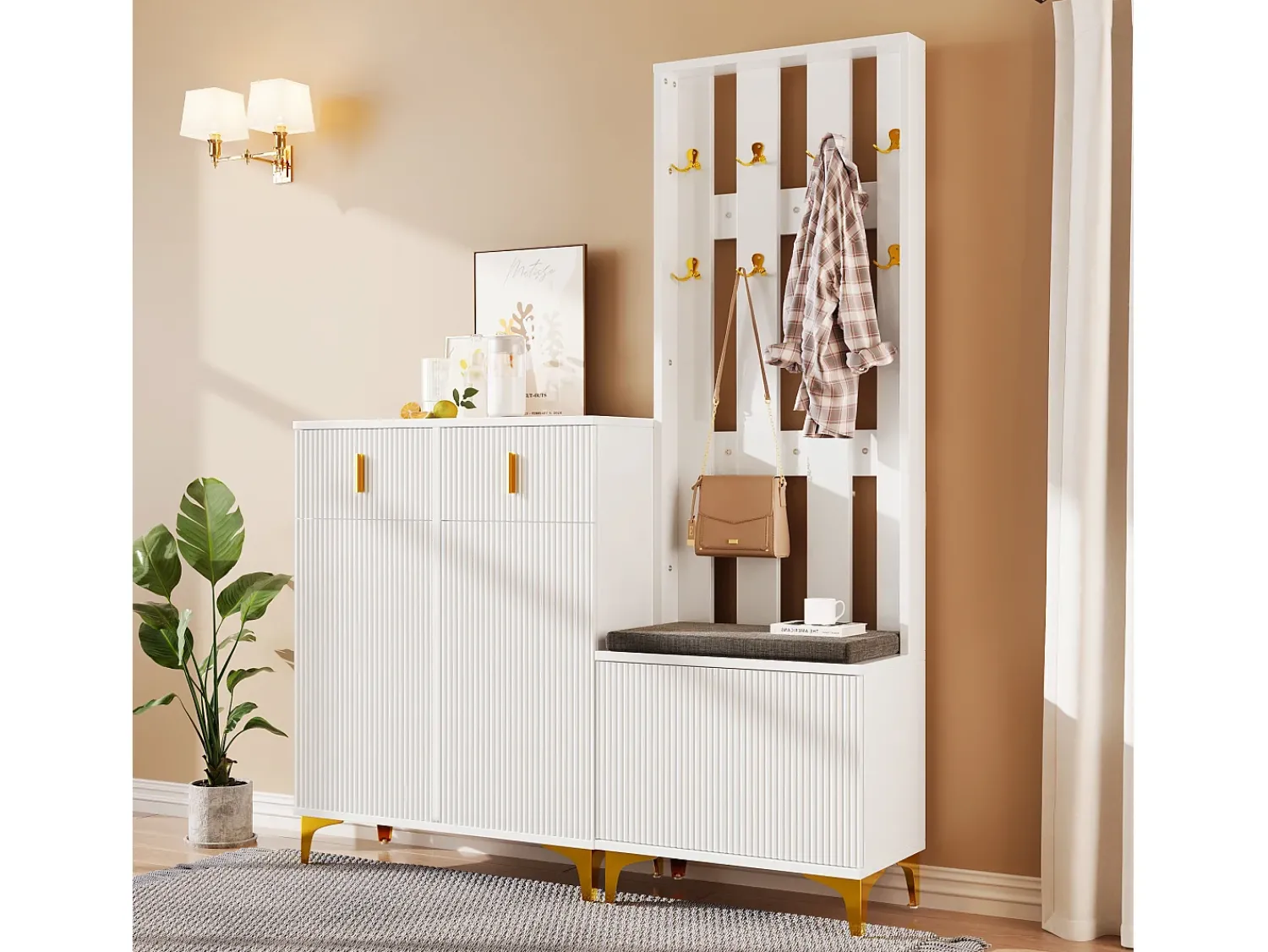 Outlet Merax Conjunto de sapateira com sapateira, cabideiro - 60,5x35,2x180,5 cm + 83x35x101 cm - Aglomerado - Branco