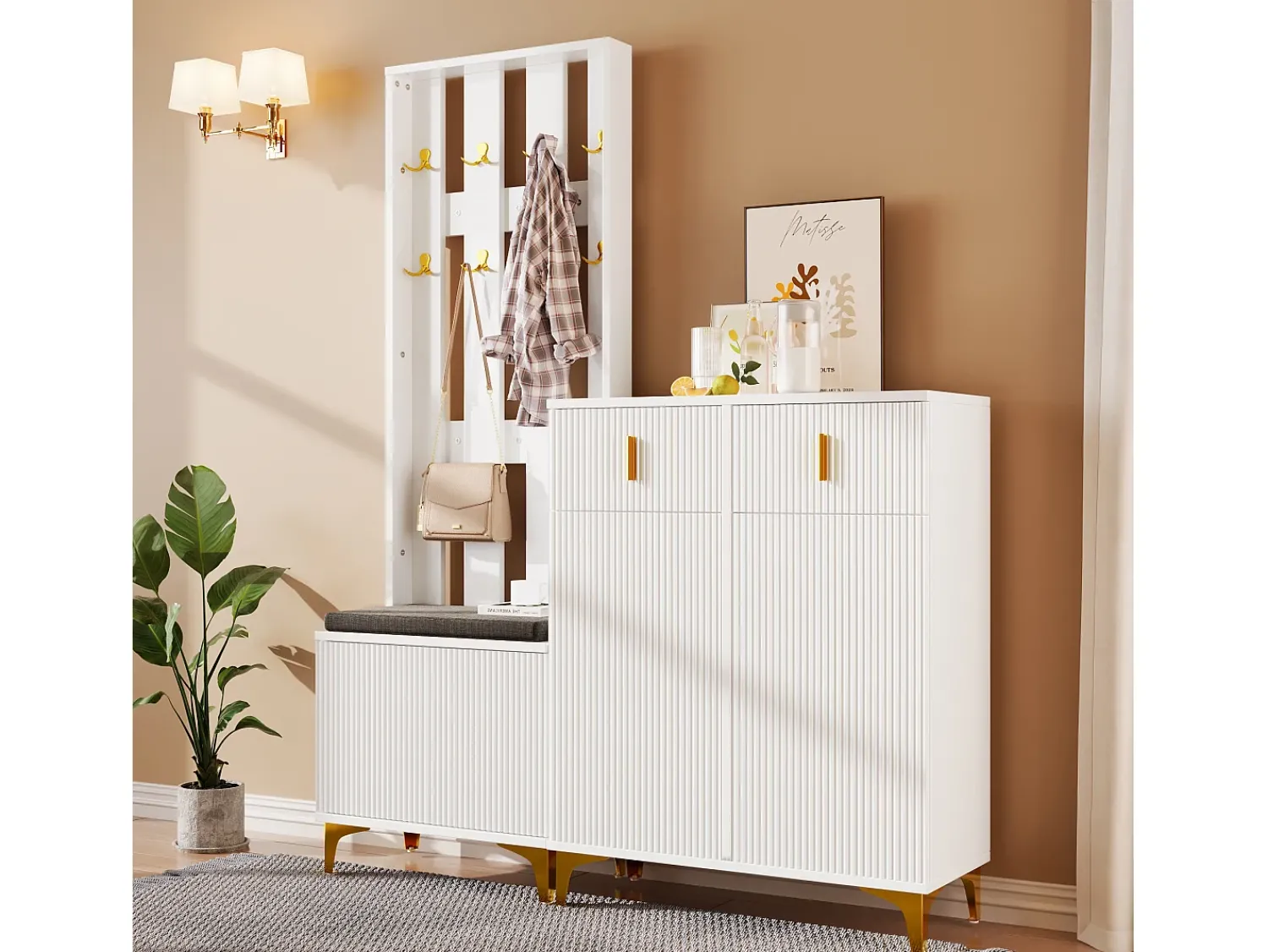 Outlet Merax Conjunto de sapateira com sapateira, cabideiro - 60,5x35,2x180,5 cm + 83x35x101 cm - Aglomerado - Branco