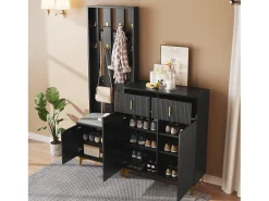 Online Merax Conjunto de sapateira com sapateira, cabideiro - 60,5x35,2x180,5 cm + 83x35x101 cm - Aglomerado - Preto