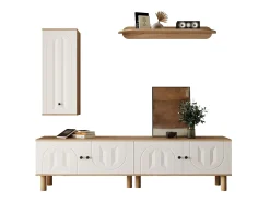 Móvel De Tv|ModernLuxe Conjunto de TV mural 3 peças - Móvel para TV, vitrine e prateleira - 5 portas - Pés de madeira maciça - Branco + natural Natural claro / Branco