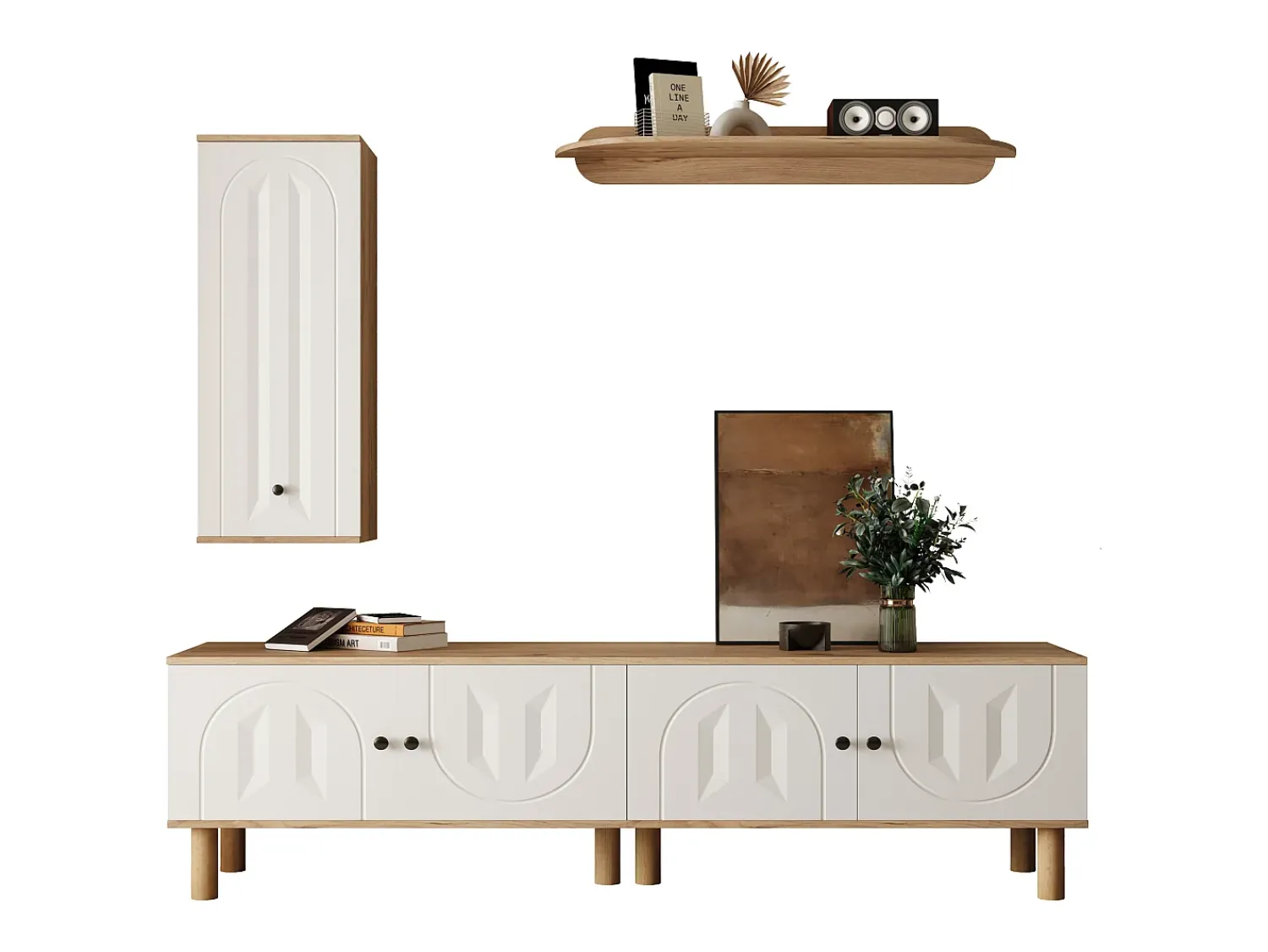 Móvel De Tv|ModernLuxe Conjunto de TV mural 3 peças - Móvel para TV, vitrine e prateleira - 5 portas - Pés de madeira maciça - Branco + natural Natural claro / Branco