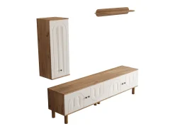 Móvel De Tv|ModernLuxe Conjunto de TV mural 3 peças - Móvel para TV, vitrine e prateleira - 5 portas - Pés de madeira maciça - Branco + natural Natural claro / Branco