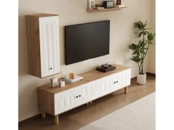 Móvel De Tv|ModernLuxe Conjunto de TV mural 3 peças - Móvel para TV, vitrine e prateleira - 5 portas - Pés de madeira maciça - Branco + natural Natural claro / Branco