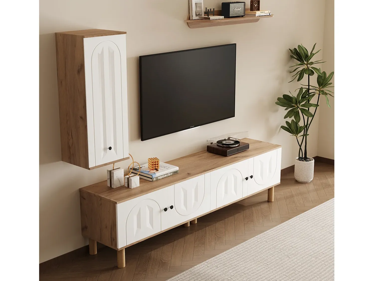 Móvel De Tv|ModernLuxe Conjunto de TV mural 3 peças - Móvel para TV, vitrine e prateleira - 5 portas - Pés de madeira maciça - Branco + natural Natural claro / Branco