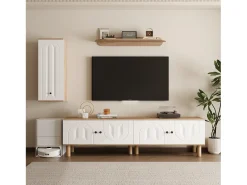 Móvel De Tv|ModernLuxe Conjunto de TV mural 3 peças - Móvel para TV, vitrine e prateleira - 5 portas - Pés de madeira maciça - Branco + natural Natural claro / Branco