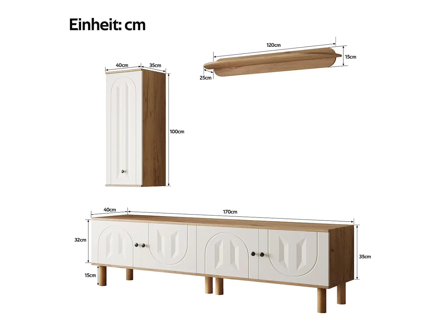 Móvel De Tv|ModernLuxe Conjunto de TV mural 3 peças - Móvel para TV, vitrine e prateleira - 5 portas - Pés de madeira maciça - Branco + natural Natural claro / Branco