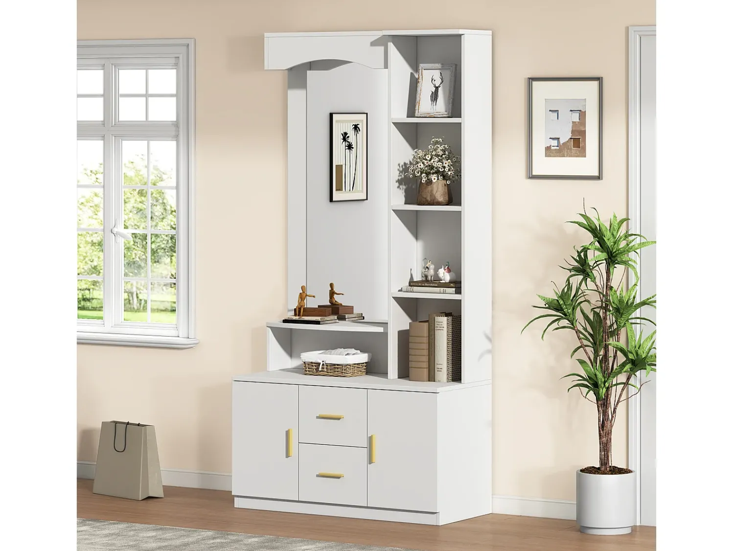 Best ModernLuxe Conjunto de vestiário de entrada 90x40x180cm - com móvel para sapatos e espelho - 2 gavetas e 2 portas - com prateleiras - Branco