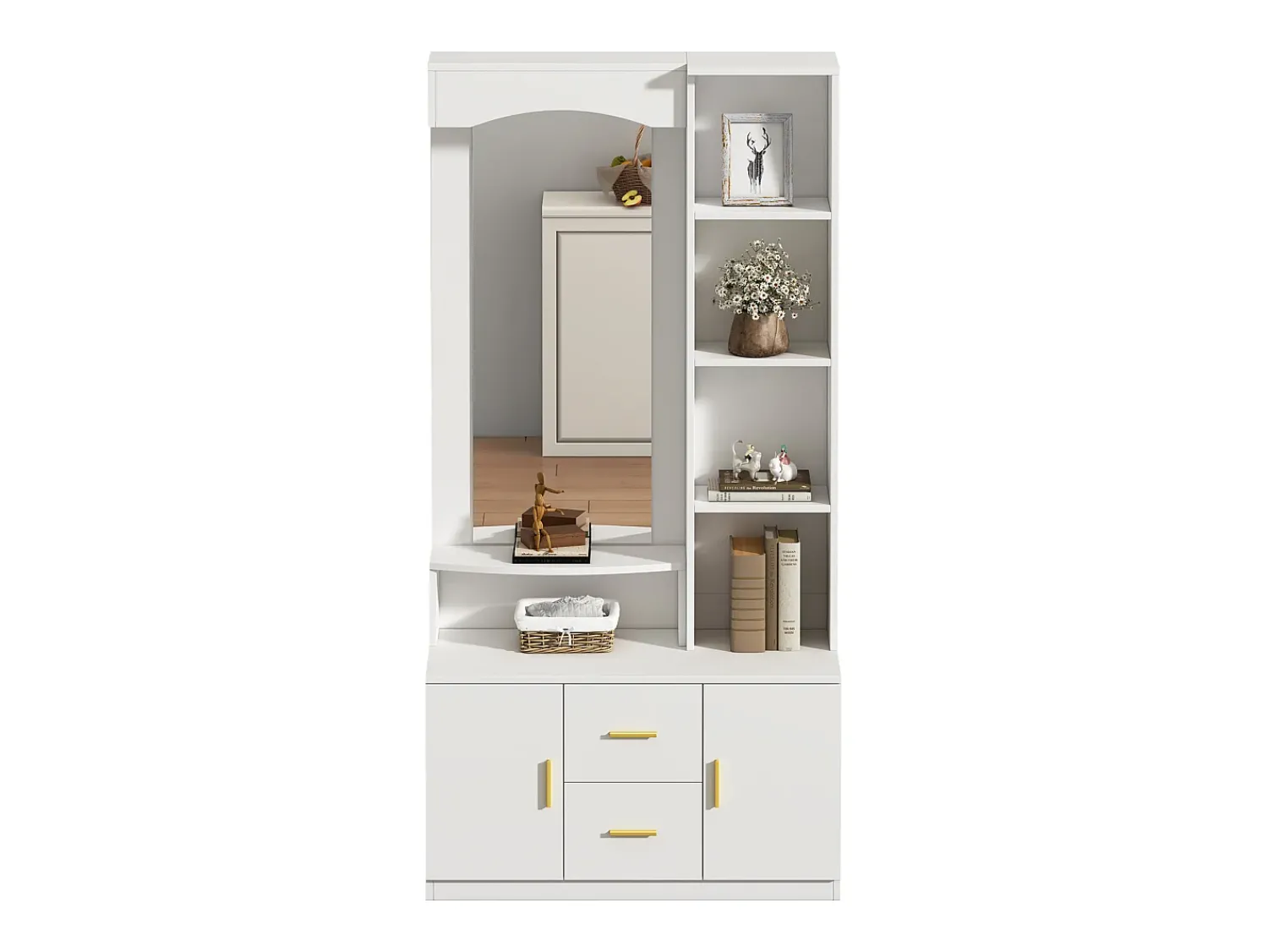 Best ModernLuxe Conjunto de vestiário de entrada 90x40x180cm - com móvel para sapatos e espelho - 2 gavetas e 2 portas - com prateleiras - Branco