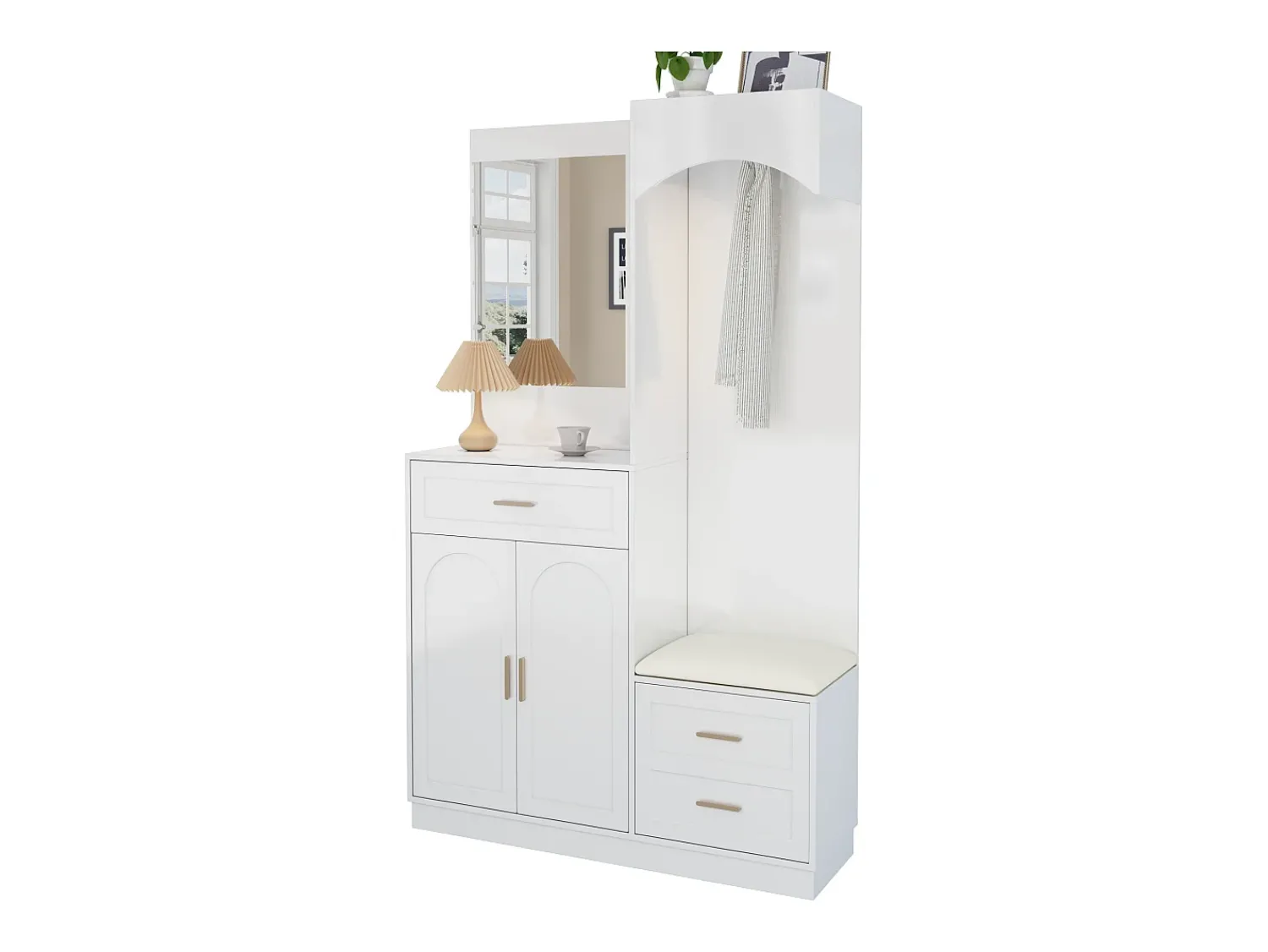 ModernLuxe Conjunto de vestiário de entrada 110x33x185,5 cm - 3 portas e 1 gaveta - Móvel para sapatos e banco calçadeiro - com espelho -^ Móvel De Entrada