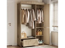 Móvel De Entrada|ModernLuxe Conjunto de vestiário de entrada - 115,5x38,5x194,5 cm - con espelho e varal aberto - 1 gaveta e 2 portas - MDF - Cor carvalho Natural claro