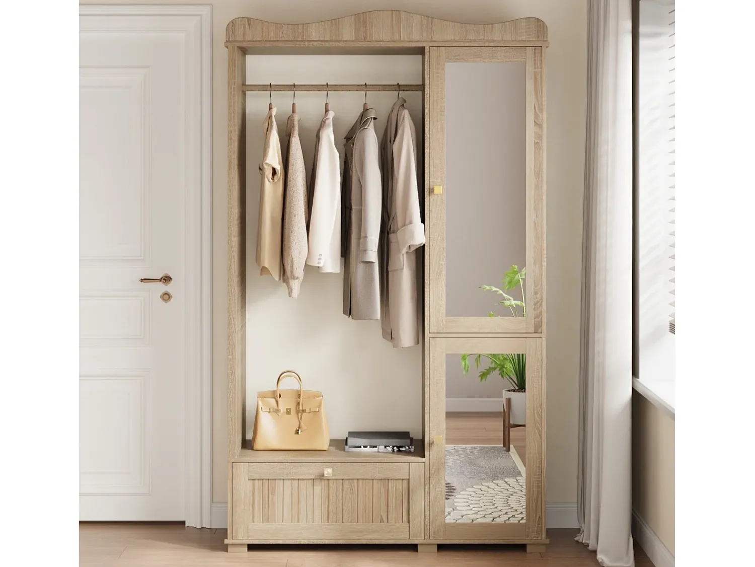 Móvel De Entrada|ModernLuxe Conjunto de vestiário de entrada - 115,5x38,5x194,5 cm - con espelho e varal aberto - 1 gaveta e 2 portas - MDF - Cor carvalho Natural claro