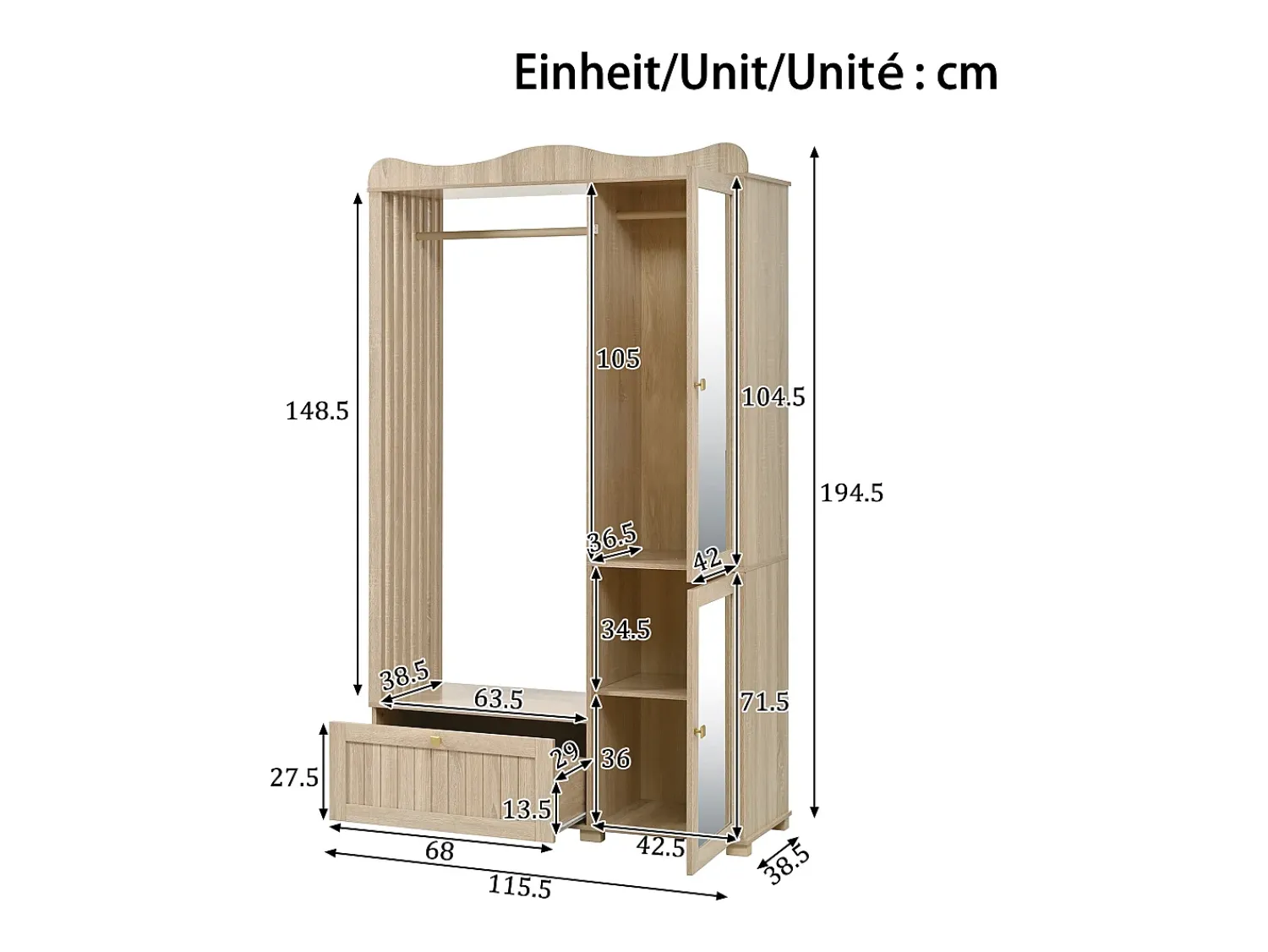 Móvel De Entrada|ModernLuxe Conjunto de vestiário de entrada - 115,5x38,5x194,5 cm - con espelho e varal aberto - 1 gaveta e 2 portas - MDF - Cor carvalho Natural claro