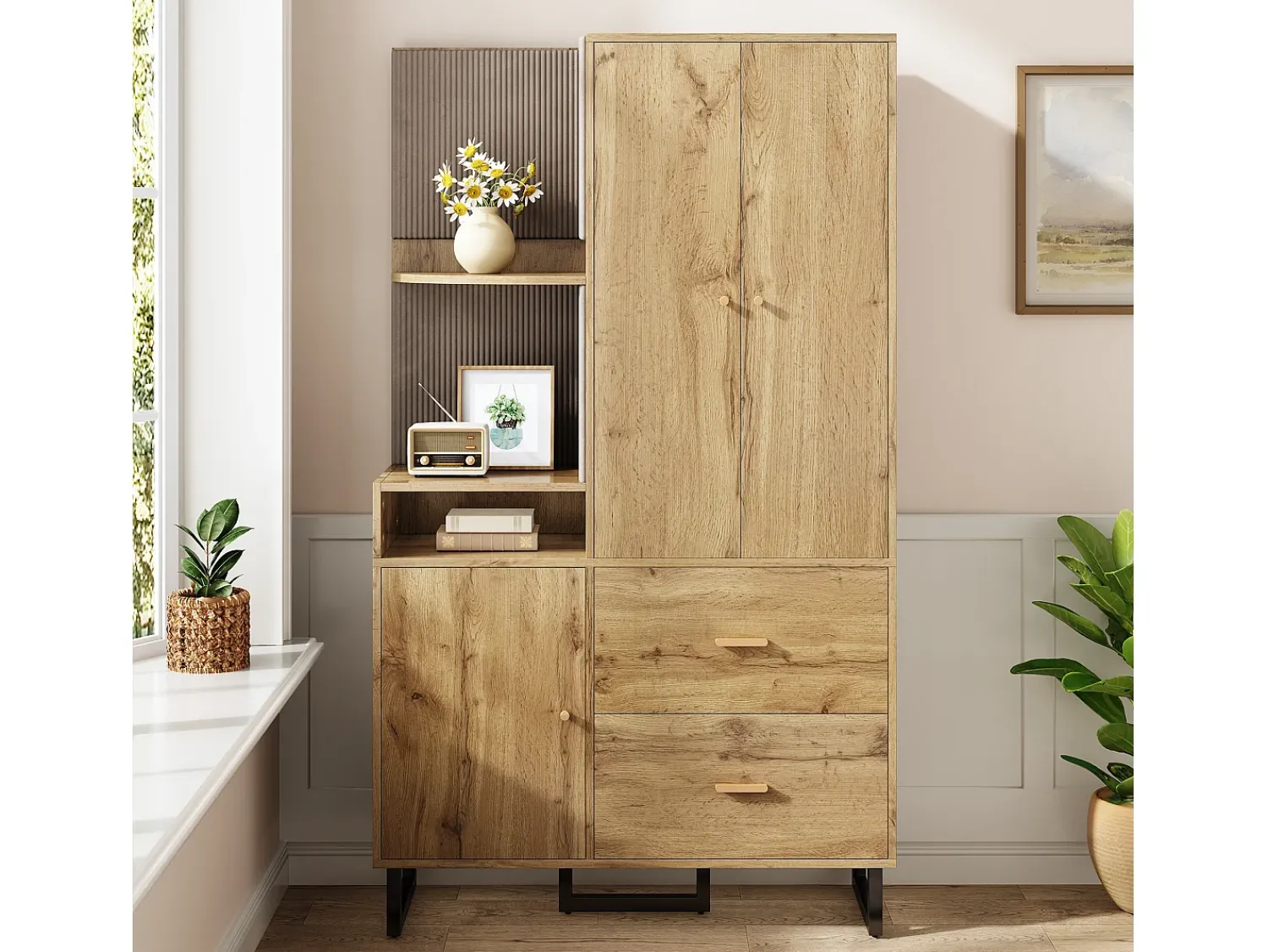 Clearance ModernLuxe Conjunto de vestiário de entrada 110x38x186 cm - 3 portas e 2 gavetas - guarda-roupa com cabide - Painel acolchoado - Natural Natural claro