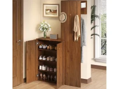 Móvel De Entrada*ModernLuxe Conjunto de vestiário de entrada moderno - Sapateira + Cabideiro - Com varão e ganchos - MDF - Cor nogueira​ (Perfuração necessária) Castanho