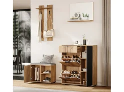 ModernLuxe Conjunto de vestiário de entrada 4 peças - móvel de sapatos e banco de sapatos - espelho e cabideiro - Natural + Preto Preto / Natural claro