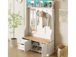Móvel De Entrada*ModernLuxe Conjunto de vestiário de entrada 120x40x187 cm - Espelho e ganchos - com LED - Móvel para sapatos - + Natural Branco