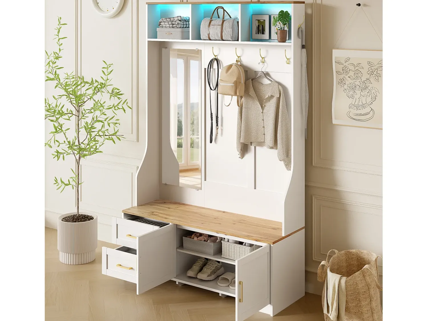 Móvel De Entrada*ModernLuxe Conjunto de vestiário de entrada 120x40x187 cm - Espelho e ganchos - com LED - Móvel para sapatos - + Natural Branco