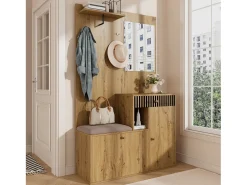 ModernLuxe Conjunto de vestiário de entrada 110x37x185,5 cm - com espelho e ganchos - Móvel para sapatos e banco calçadeiro - Natural^ Móvel De Entrada