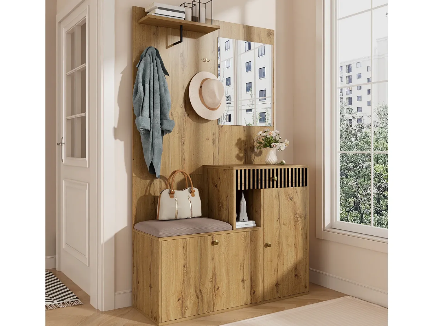 ModernLuxe Conjunto de vestiário de entrada 110x37x185,5 cm - com espelho e ganchos - Móvel para sapatos e banco calçadeiro - Natural^ Móvel De Entrada