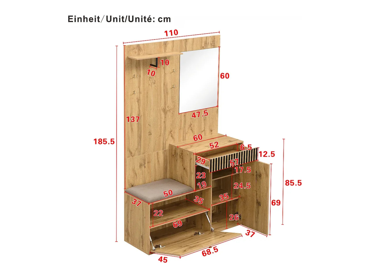 ModernLuxe Conjunto de vestiário de entrada 110x37x185,5 cm - com espelho e ganchos - Móvel para sapatos e banco calçadeiro - Natural^ Móvel De Entrada