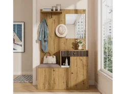 ModernLuxe Conjunto de vestiário de entrada 110x37x185,5 cm - com espelho e ganchos - Móvel para sapatos e banco calçadeiro - Natural^ Móvel De Entrada